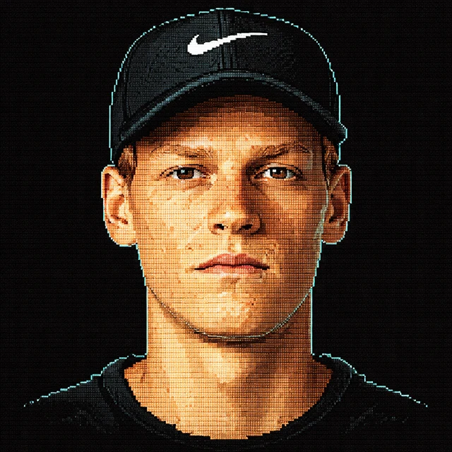 Terminal-style voxel portrait of Jannik Sinner